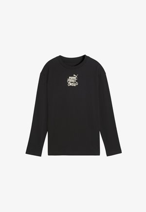 Czarna koszulka z długim rękawem i okrągłym dekoltem, z beżowym logo "PUMA Street Crew" oraz symbolem kota Puma umieszczonym na środku klatki piersiowej.