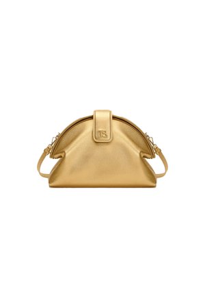 Gold leather handbag with a rounded top, flat base, and a front flap closure. Features a detachable shoulder strap and smooth texture.