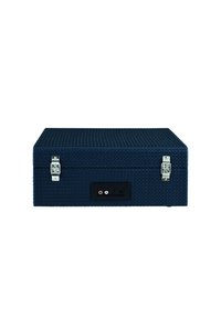 Navy blue woven storage box with silver metal clasps, rectangular shape, and a black panel featuring audio input/output ports.