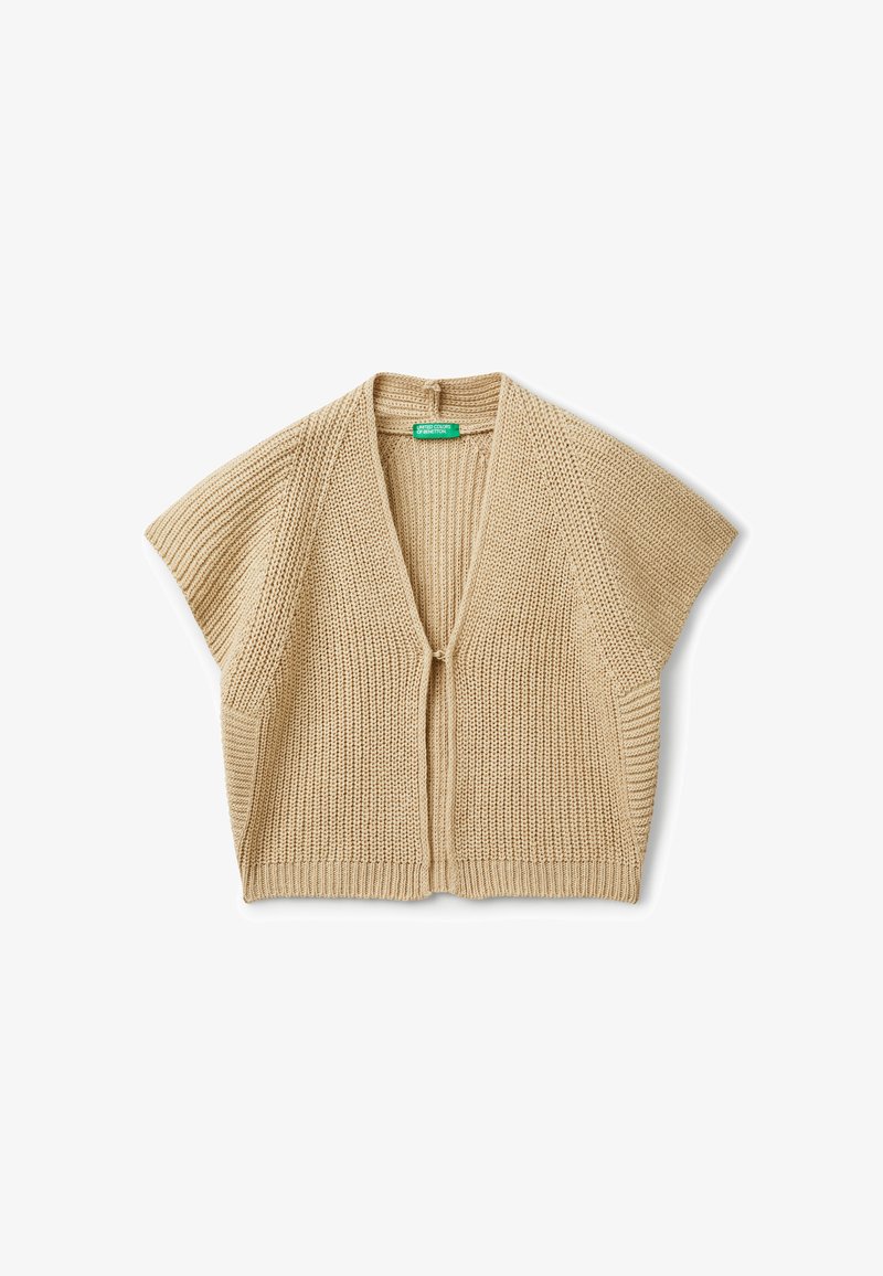 Beige pletený kardigan s krátkými rukávy, otevřenou přední částí a texturovaným vzorem. Lehký materiál, má vázání u krku.