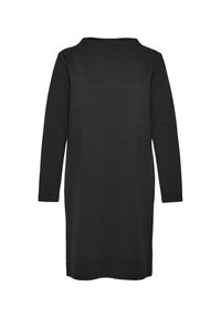 Robe noire en maille texturée à manches longues, col montant, silhouette droite et longueur mi-cuisse sur fond blanc.