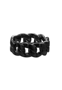 Bracciale a catena nera con anelli intrecciati e finitura lucida. Il design è massiccio, con bordi lisci e un anello continuo.