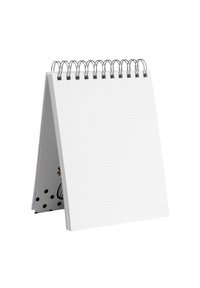 Quaderno ad anelli con copertina bianca, pagine punteggiate e un interno decorativo che presenta pois neri e schizzi minimalisti.