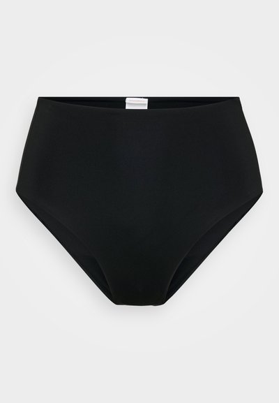 Fronte de bikini negru cu talie înaltă, fabricat dintr-un material neted, având un design fără cusături și o etichetă interioară subtilă, fără modele sau accente vizibile.