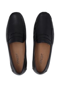 Sorte læder loafers med syningsdetaljer, mandelformet tå og en glat finish. Lys brun indvendig foring med brandlogo.