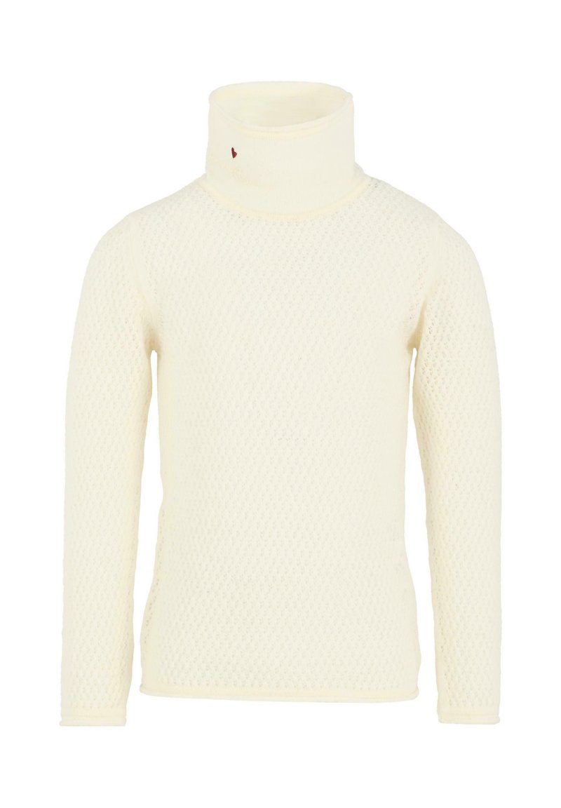 Crème-kleurige gebreide coltrui met een textuurpatroon en een klein bruine stiksel detail op de kraag.