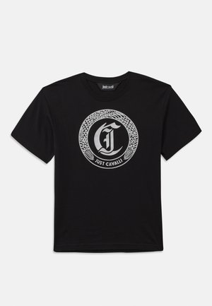Black short-sleeve T-shirt with a circular silver snake design enclosing a Gothic letter "J" and "Just Cavalli" text below.