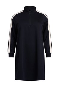 Navy pullover dress with a high collar, zipper, and contrasting light stripes along the sleeves; features long sleeves and a relaxed fit.