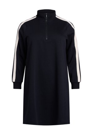 Robe pull marine avec un col montant, une fermeture éclair et des rayures claires contrastantes le long des manches ; elle présente des manches longues et une coupe décontractée.