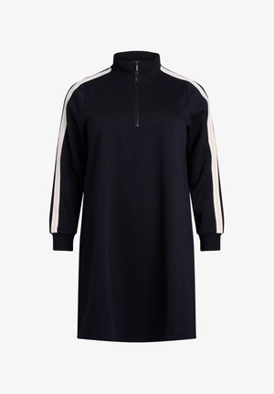 Merevaiguline pullover kleit kõrge kraega, lukuga ja kontrastsete heledate triipudega varrukatel; omab pikki varrukaid ja lõdvat lõiget.