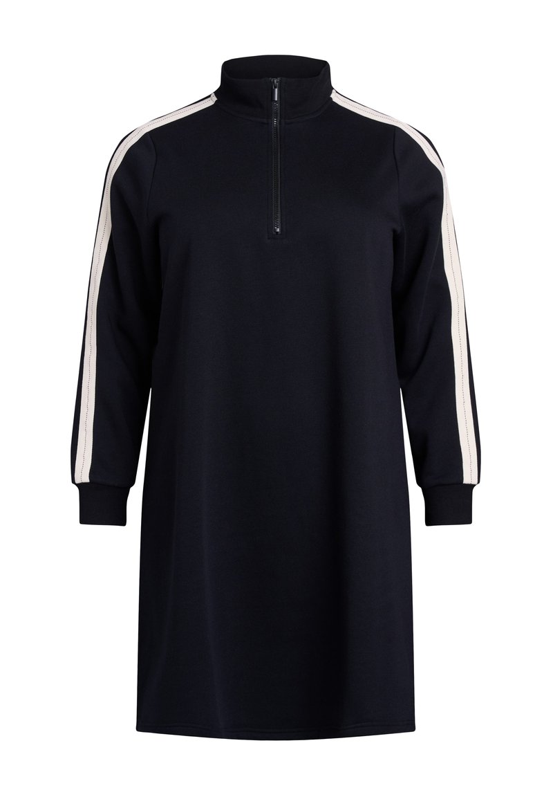 Navy pullover dress with a high collar, zipper, and contrasting light stripes along the sleeves; features long sleeves and a relaxed fit.