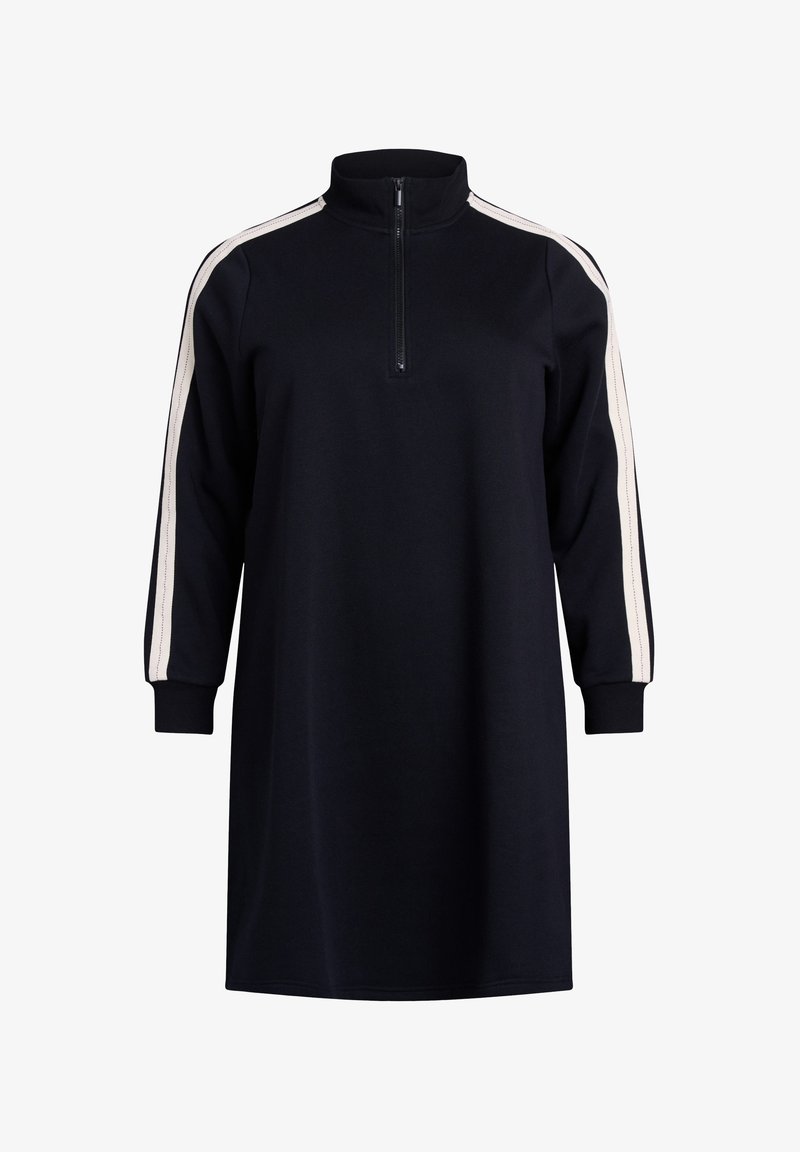 Navy-Pulloverkleid mit hohem Kragen, Reißverschluss und kontrastierenden hellen Streifen entlang der Ärmel; verfügt über lange Ärmel und eine lockere Passform.