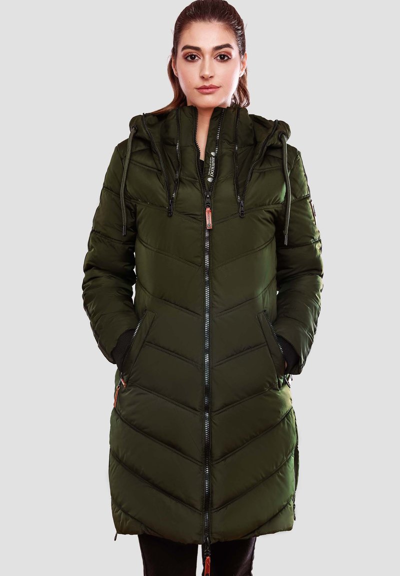 Padded long coat in dark green, features zip closure, adjustable hood, chevron pattern, side pockets, and contrasting zipper pulls.