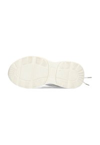 Semelle d'une sneaker, en caoutchouc blanc avec des motifs texturés et des rainures définies. Équipée de lacets gris et d'une section centrale lisse.