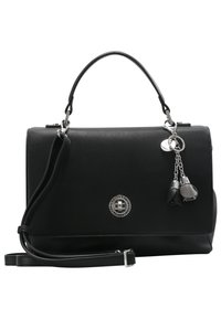 Sac à main en cuir noir au design structuré, avec une anse supérieure, une bandoulière amovible, des accessoires en métal argenté et un détail de pampille décorative.