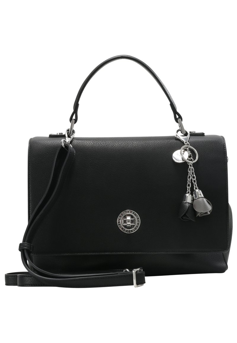 Sac à main en cuir noir au design structuré, avec une anse supérieure, une bandoulière amovible, des accessoires en métal argenté et un détail de pampille décorative.