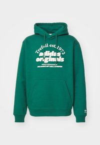 Grön bomullshuvtröja med vit text, justerbar dragsko i huvan, framficka, ribbade ärmslut och nederkant. Har Adidas-logotyp på ärmen.