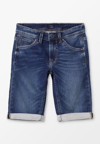 Jeansshorts i mörkblått med en ljusblå rullad nederkant. Har fem fickor och en metalldragknapp. Standardpassform med blekta accenter.