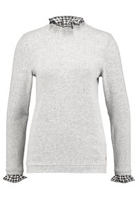Hellgrauer Pullover mit langen Ärmeln, einem rüschierten Kragen aus schwarz-weißer Karomusterung und passenden Rüschendetails an den Manschetten.