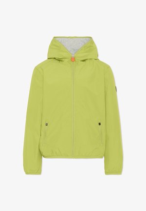 Lichtgroene jas met capuchon, voorzien van een volledige rits aan de voorkant, twee zijzakken met rits en elastische boorden en zoom.