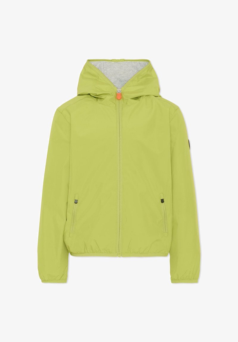 Veste à capuche vert clair avec fermeture éclair intégrale à l'avant, deux poches latérales zippées, poignets et ourlet élastiques.