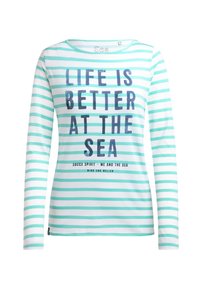 Gestreiftes Langarmhemd in Weiß und Türkis mit dem Aufdruck "Das Leben ist am Meer schöner" in Marineblau auf der Vorderseite.