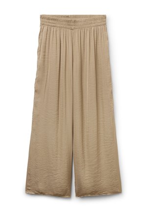 Pantaloni beige a gamba larga con vita elastica e una texture leggermente stropicciata, mostrati su sfondo bianco.