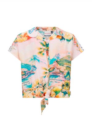 Overhemd met korte mouwen en knoopsluiting, bedrukt met een tropisch kustdorp, palmbomen, citroenen en bloemenmotief, met een knoop aan de voorkant van de zoom.