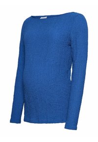 Maglione a maniche lunghe con scollatura a girocollo in un vivace blu reale, esposto su uno sfondo bianco.