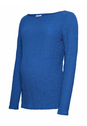 Maglione a maniche lunghe con scollatura a girocollo in un vivace blu reale, esposto su uno sfondo bianco.