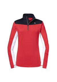 Roter Pullover mit langen Ärmeln, navyfarbenem Kragen, Halbzipp-Front und weißen Seiteneinsätzen. Weicher, dehnbarer Stoff mit einem Logo auf der Brust.