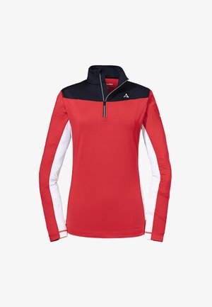 Punainen pitkähiha pullover, jossa on laivastonsininen kaulus, puolivetoketju edessä ja valkoiset sivupaneelit. Pehmeä, venyvä kangas, jossa on logo rinnassa.