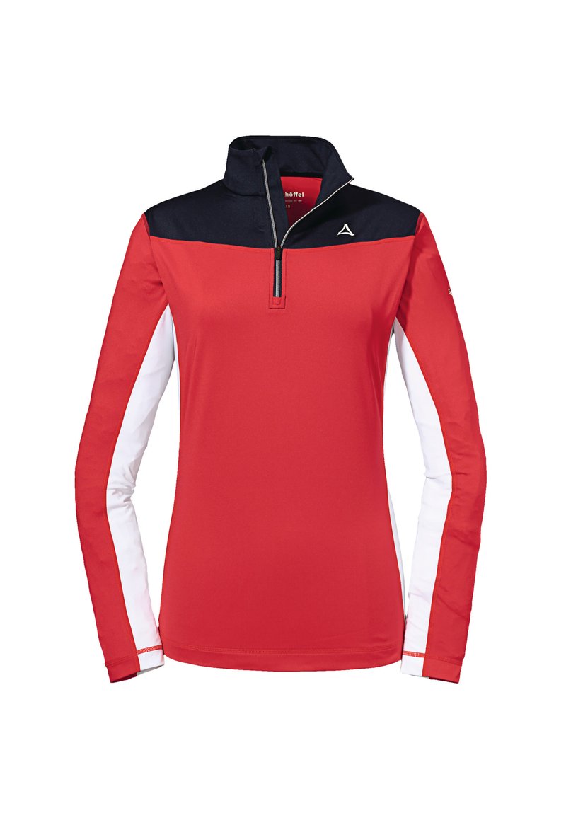 Roter Pullover mit langen Ärmeln, navyfarbenem Kragen, Halbzipp-Front und weißen Seiteneinsätzen. Weicher, dehnbarer Stoff mit einem Logo auf der Brust.