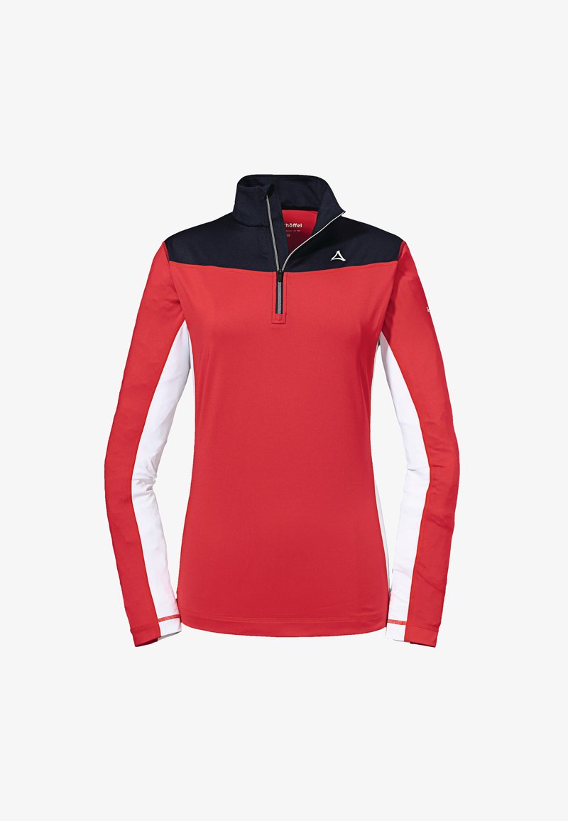 Czerwony sweter z długim rękawem i granatowym kołnierzykiem, z half-zip z przodu oraz białymi panelami bocznymi. Miękka, elastyczna tkanina z logo na piersi.