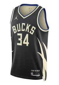 Svart NBA-tröja med "BUCKS" och nummer "34" i krämfärg. Har blå och krämfärgade accenter, mesh-textur och etiketten "FEAR THE DEER".