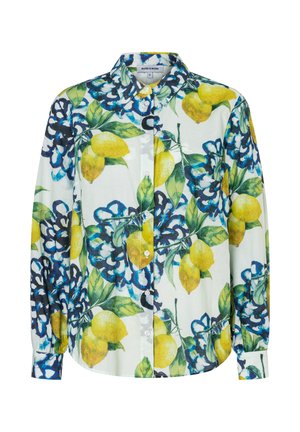 Langärmliges Hemd mit Knöpfen und Kragen, mit einem lebendigen Zitronen- und blauen Blumenmuster auf weißem Hintergrund.