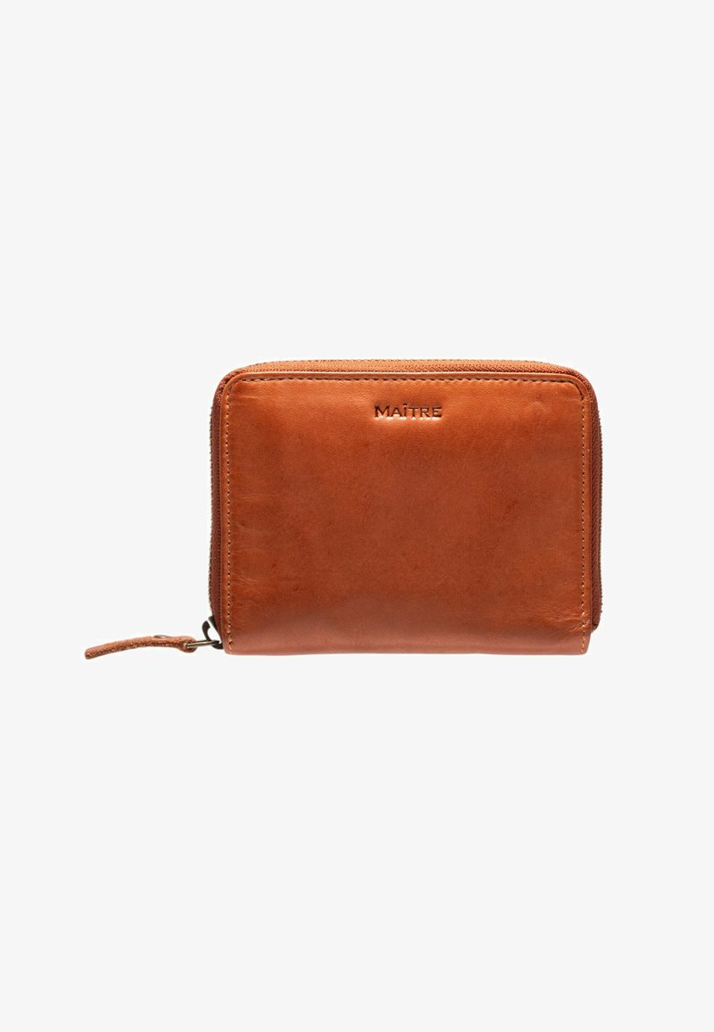 Brown leather wallet with a smooth texture, zipper closure, and embossed "MAÎTRE" logo on the front. Compact rectangular design.