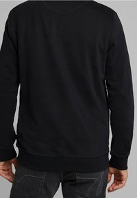 Sudadera negra de manga larga, con puños y dobladillo acanalados. Textura suave, diseño simple, sin logotipos ni patrones visibles.