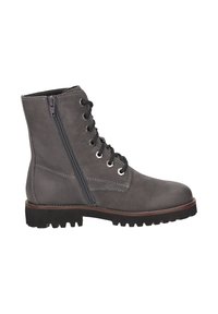 Grijze veterschoenen tot de enkel met een zijrits, gestikte details en een robuuste zwarte zool, weergegeven in profiel op een witte achtergrond.