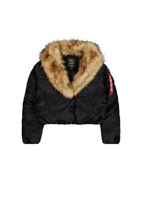 Skjortekort svart jakke med en stor beige falsk pelskrage, med frontknapper, sidelommer og et rødt logotag på ermene.