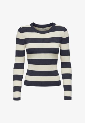 Tumedus, laevadega ja sobiva silueti ning meresiniste ja kreemikate triipudega mererebimismüts.