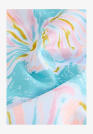 Lengvos medžiagos audinys su sūkurio raštu turkio, rožinės ir geltonos spalvų atspalviais. Išraiškinga lygi tekstūra ir spalvingi teptuko potėpiai.