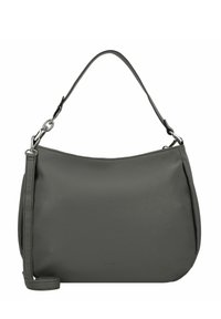 Borsa a spalla in pelle grigia con una finitura morbida e testurizzata, una sola tracolla e un sottile logo del marchio sul davanti. Presenta accentuazioni in hardware argentato.