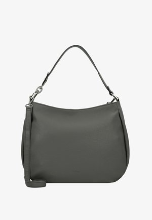 Grijze leren schoudertas met een zachte, gestructureerde afwerking, een enkele strap en een subtiele merklogo aan de voorkant. Beschikt over zilveren hardwareaccenten.