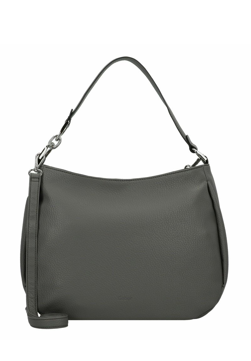 Borsa a spalla in pelle grigia con una finitura morbida e testurizzata, una sola tracolla e un sottile logo del marchio sul davanti. Presenta accentuazioni in hardware argentato.