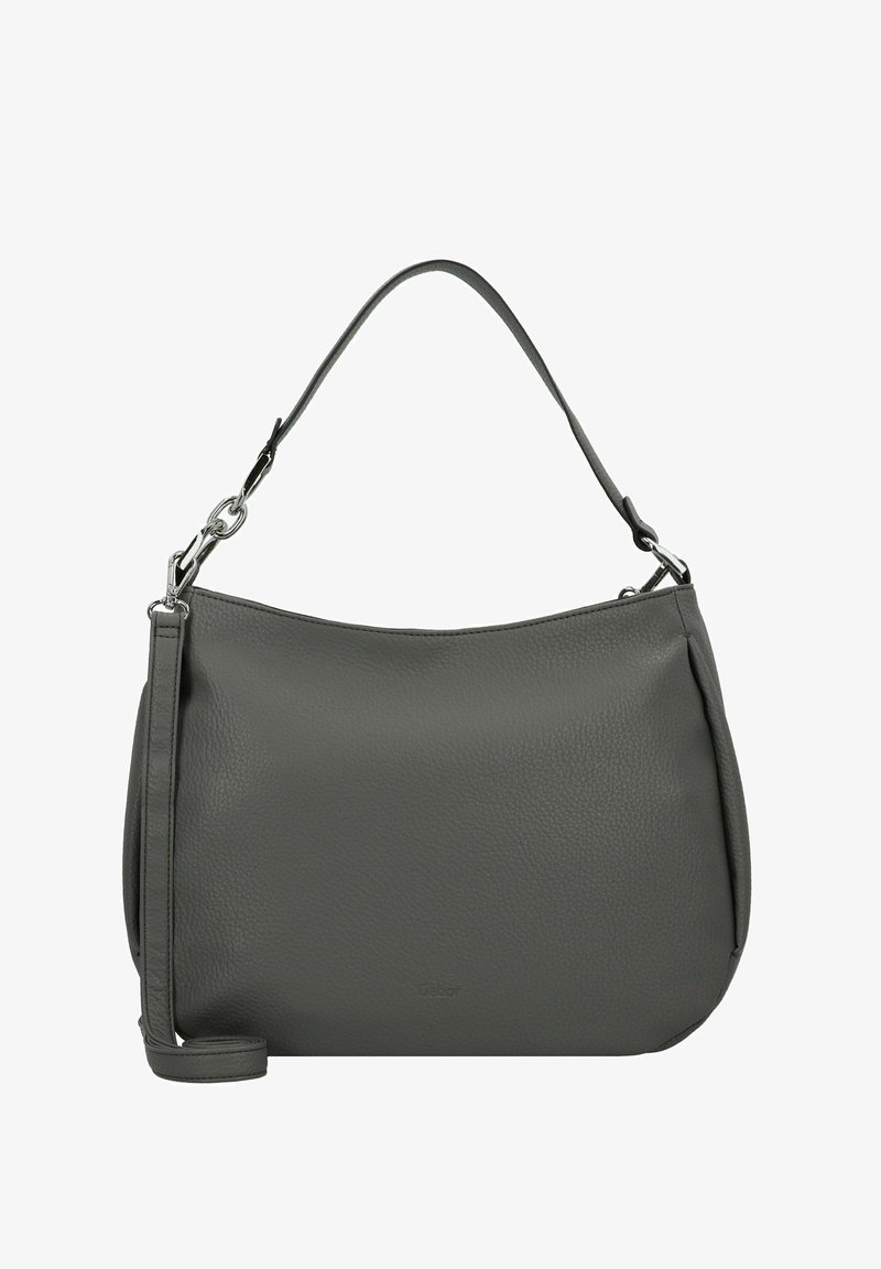 Grijze leren schoudertas met een zachte, gestructureerde afwerking, een enkele strap en een subtiele merklogo aan de voorkant. Beschikt over zilveren hardwareaccenten.
