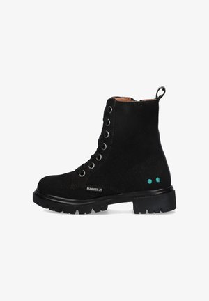 Black suede lace-up ankle boot with rugged sole, side pull tab, small "Bunnies Jr" label, and two turquoise dots near heel.