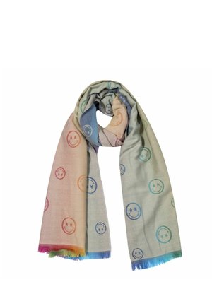 Long multicolor scarf with star-eyed smiley face patterns and fringed edges, displayed against a white background.