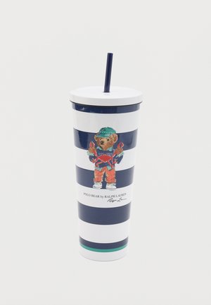 Tall striped navy and white tumbler with lid and straw, decorated with Polo Bear holding red crab and "Polo Bear by Ralph Lauren" text.
