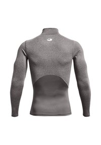 Přiléhavé šedé dlouhé termální tričko s vysokým límcem a texturovanou zadní částí. Na krku se nachází logo Under Armour.
